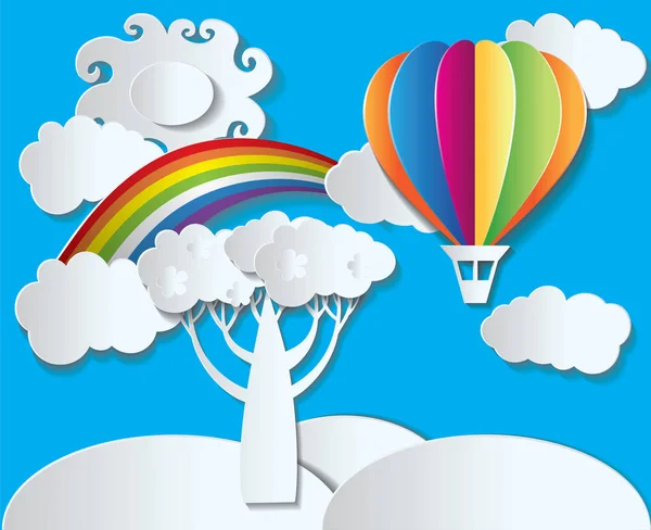 Vetor de estilo papel - paisagem com arco-íris e balão — Vetor de Stock