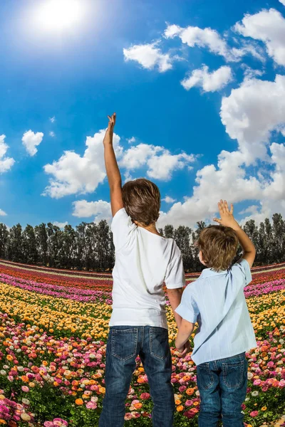 Två pojkar står på fältet med blomma — Stockfoto