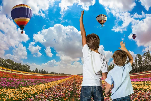 Two boys standing on field with buttercups — Stock Photo, Image