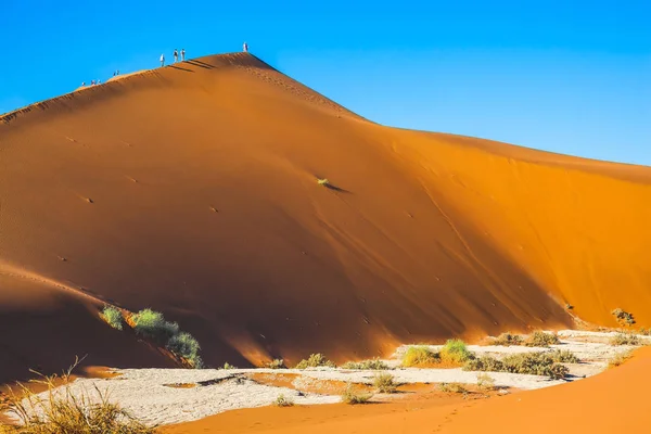 Tourists climbing sharp ridge of dune — Stock Photo, Image