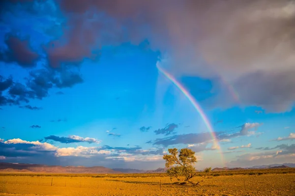 Magnificent rainbow crossing sky over desert — Stock Photo, Image