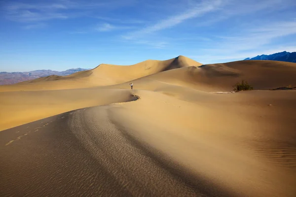 Woman in center of desert photographing sand — Stock Photo, Image