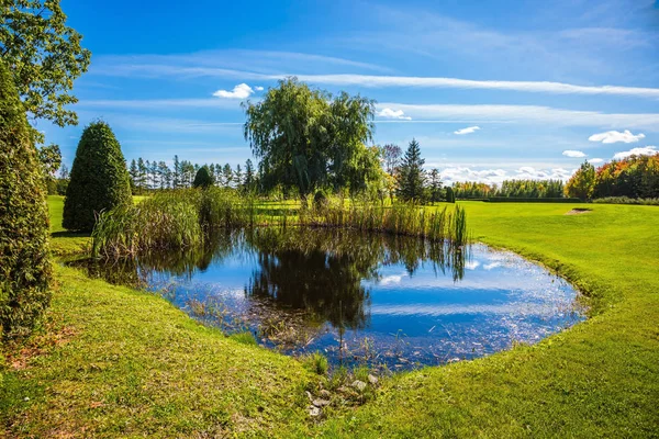 Grüne Rasenfläche mit Bäumen und See — Stockfoto