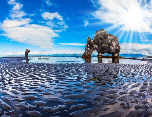 Anciana Fotografía Maravilla Natural Roca Basáltica Monstruo Hvitsercur Durante Salida — Foto de Stock