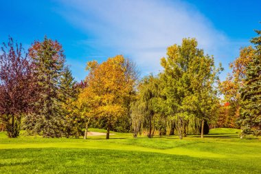 Aktif ve Golf turizm kavramı. Fransızca Kanada Golf Kulübü. Yeşil çim golf sahası manzaralı sonbahar park ile çevrilidir