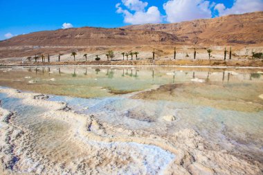 Dead Sea sıcak yaz günü, İsrail adlı ünlü deniz. Sığ buharlaştırılmış tuz ile kaplı. Tıbbi ve ekolojik turizm kavramı 
