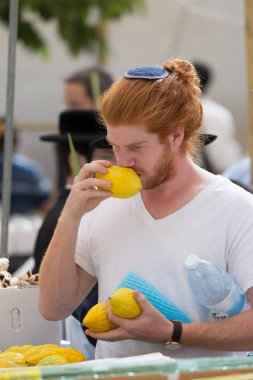 Jerusalem, İsrail - 16 Ekim 2016: Geleneksel Pazar Sukkot tatil önce. Kızıl Sakal kontrol ile yaşlı Ortodoks Yahudi etrog narenciye bitki 