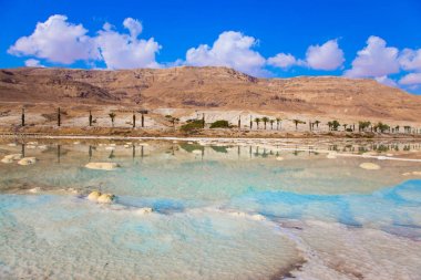 Dead Sea sıcak yaz günü, İsrail adlı ünlü deniz. Sığ buharlaştırılmış tuz ile kaplı. Tıbbi ve ekolojik turizm kavramı 