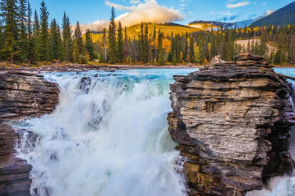 Kanada Jasper Milli Parkı Güçlü Doğal Athabasca Falls Günbatımı Güneş — Stok fotoğraf