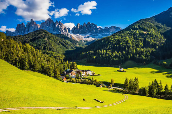 The famous symbol of the valley Val di Funes - church of Santa Maddalena.  