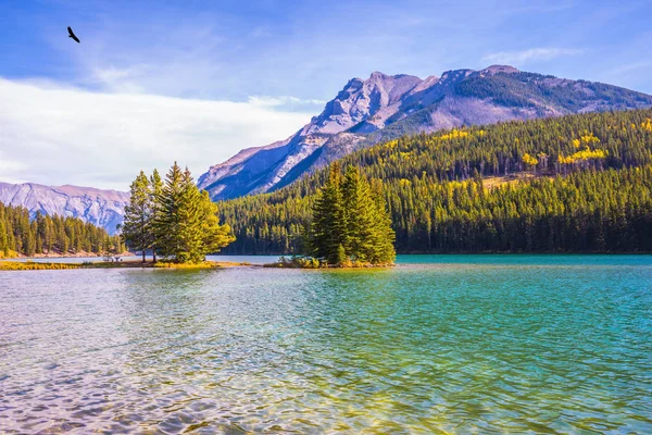 Sole Del Mattino Riscalda Lago Two Jack Una Piccola Isola — Foto Stock