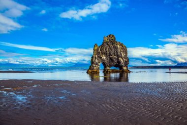 Kuzeybatı İzlanda. Hvitserkur - devasa bir mamut şeklinde bazalt kaya. Aşırı kuzey turizmi kavramı