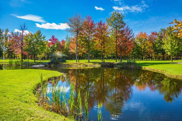 Concept Golf Tourism Red Orange Green Autumn Foliage Lake — Stock Photo, Image