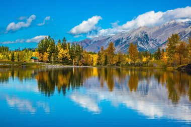 The lake, red-orange trees  and mountains.. Bright shining day in the Canadian Rockies. Canmore, near Banff. Concept of hiking clipart