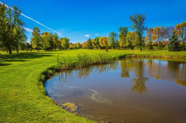 Fransızca Kanada küçük gölet yansıtan sonbahar yaprakları