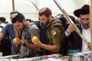 Jerusalem, İsrail - Ekim 16, 2016: Geleneksel Pazar Sukkot tatil önce. Genç erkek - örme skullcaps Yahudiler etrog bir sayaç seçin.