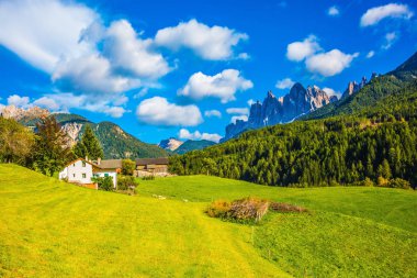 Kurtlar Vadisi Dolomit kayaları dentat bir duvar ile çevrilidir. Dolomites, Val de Funes sıcak sonbaharda. Ekolojik turizm kavramı