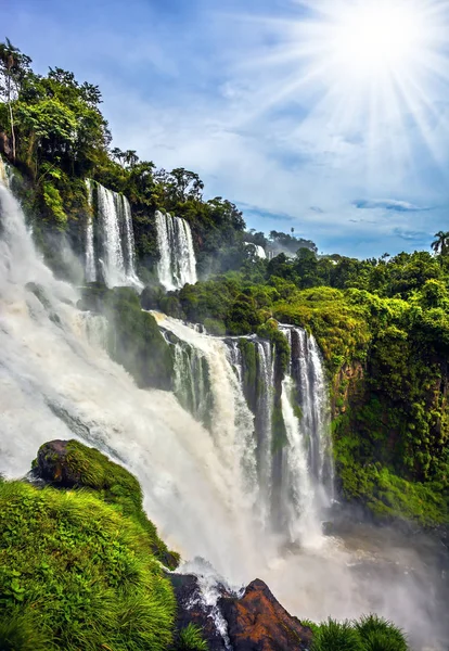 Waterfalls Iguazu Argentina Tropical Sun Illuminates Seething Waters Picturesque Basaltic — Stock Photo, Image