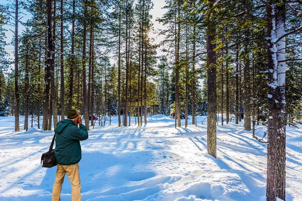 Fotoğrafçı bir kış ormanının fotoğraflarını çekiyor. — Stok fotoğraf