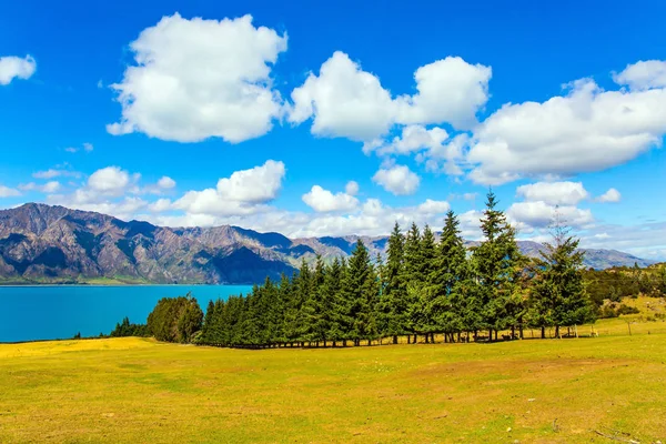 Grande Viagem País Fabuloso Enorme Lago Hawea Com Água Suave — Fotografia de Stock