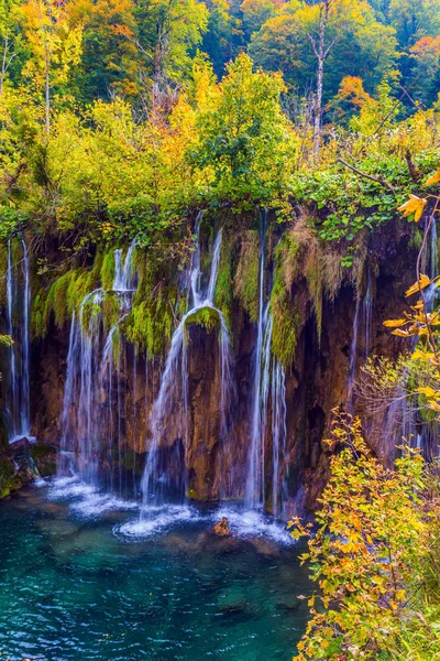 プリトヴィツェ湖の魔法の国への旅行 クロアチアだ滝は湖の紺碧の水に反映されます 生態学的 能動的 写真的観光の概念 — ストック写真