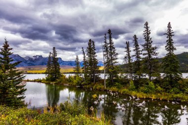 Yağmur bulutları Pocahontas yolu boyunca vadinin üzerinde süzülüyor. Kanada 'nın Rocky Dağları' nda geniş bir vadi. Sonbahar günü. Ekolojik, aktif ve fotoğraf turizmi kavramı