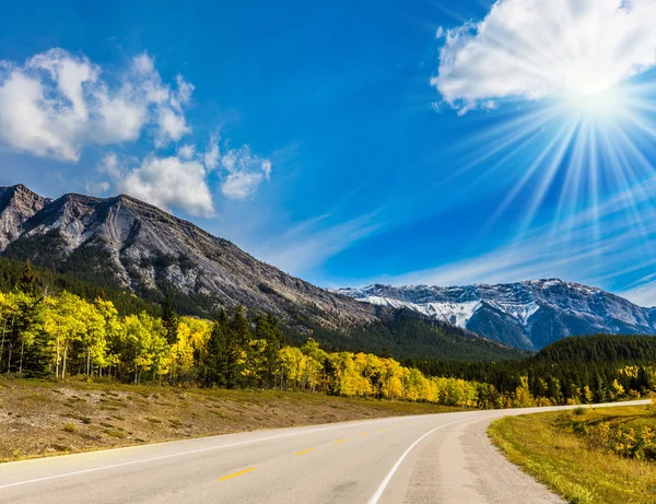 Den Milda Höstsolen Lyser Upp Vägen Till Fjälldalen Rocky Mountains — Stockfoto