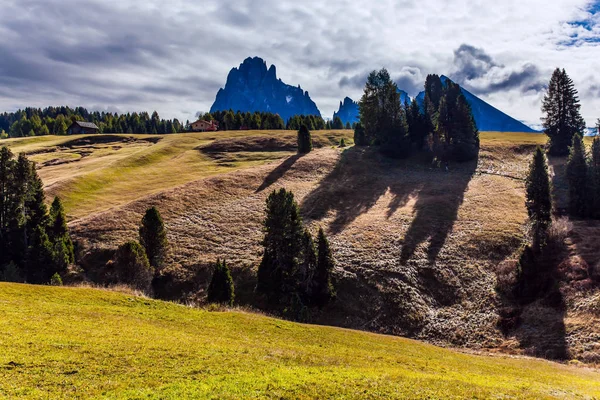 Gyönyörű Napsütéses Nap Túrázásra Fotózásra Erős Sziklafal Láthatáron Val Gardena — Stock Fotó