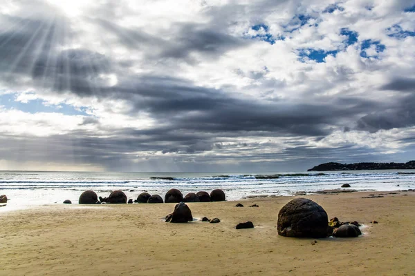 莫拉基巨石是一组巨大的石头和它们的遗骸 海洋中的低潮新西兰的南岛 最受欢迎的旅游胜地 异国旅游和生态旅游的概念 — 图库照片