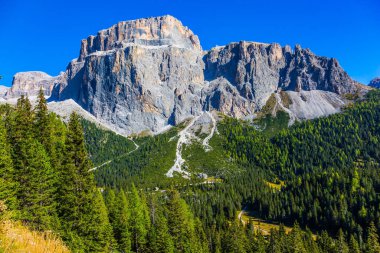 Muazzam beyaz ve gri kayalar mavi gökyüzüne karşı. İtalyan Dolomitlerinin en güzel rotası. Kozalaklı ormanlar. Aktif ve otomobil turizmi kavramı