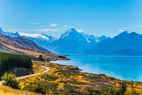 Neuseeland Mount Cook Nationalpark Herrliche Autobahn Verläuft Entlang Bergsee Mit — Stockfoto