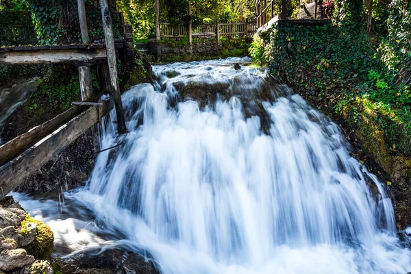 Magnificent cascade of waterfalls on the river Sluncica. The small Croatian town of Slunj. Beautiful sunny day. The concept of ecological, active and photo tourism