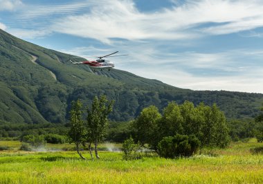 Turist helikopter Khodutkinskiye Kaplıcalar indi. Güney Kamçatka doğa parkı.