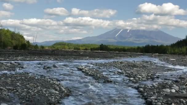 Studenaya rivier en de vulkaan Tolbatsjik. — Stockvideo