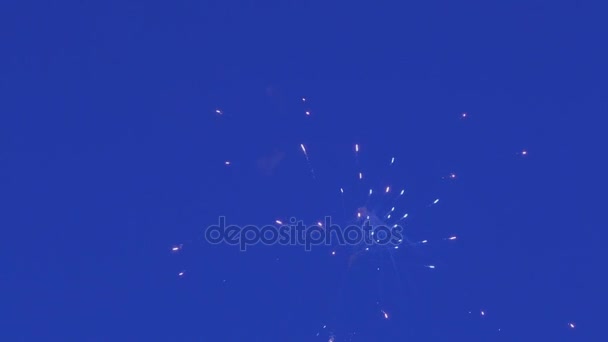 Hermosos fuegos artificiales en el fondo del cielo azul . — Vídeos de Stock