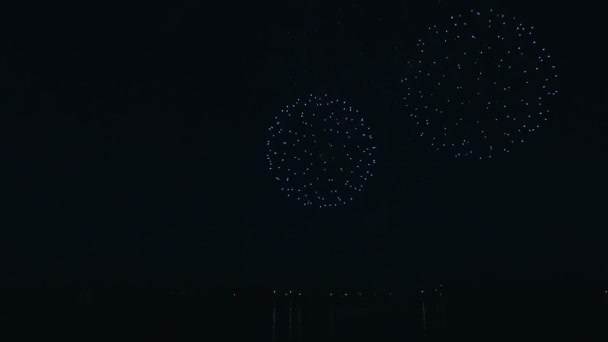 Beautiful fireworks under the river on background of black sky. — Stock Video