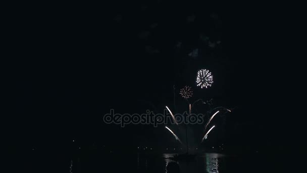 Belos fogos de artifício sob o rio no fundo do céu preto . — Vídeo de Stock