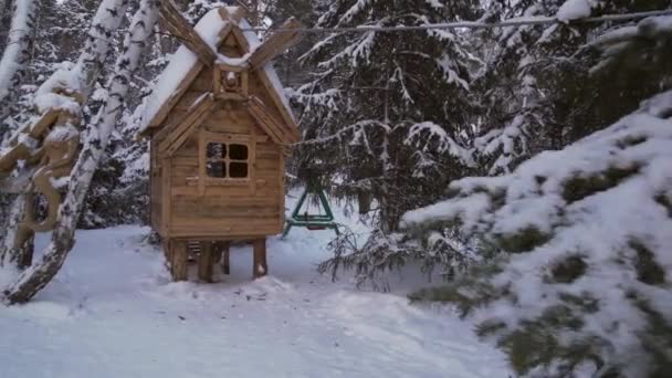 Cabane de fées sur les cuisses de poulet dans la forêt d'hiver stock vidéo — Video