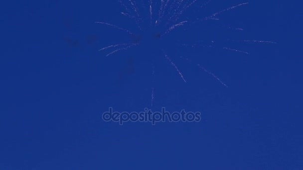 Hermosos fuegos artificiales en el fondo del cielo azul . — Vídeos de Stock