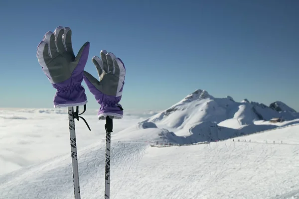 Guantes de esquí en postes en el fondo de la ladera sur Aibga Ridge of Western Caucasus en Rosa Khutor Alpine Resort —  Fotos de Stock