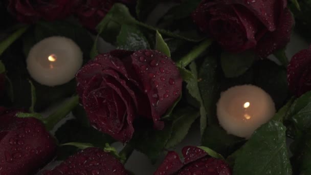 Regen giet kaarsen en rode rozen verdriet voor dode slowmotion stock footage video — Stockvideo