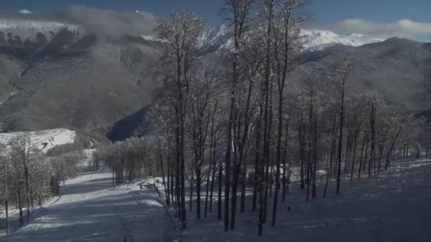 Pistas de esquí en la ladera norte Aibga Ridge of Western Caucasus en Rosa Khutor Alpine Resort — Vídeo de stock