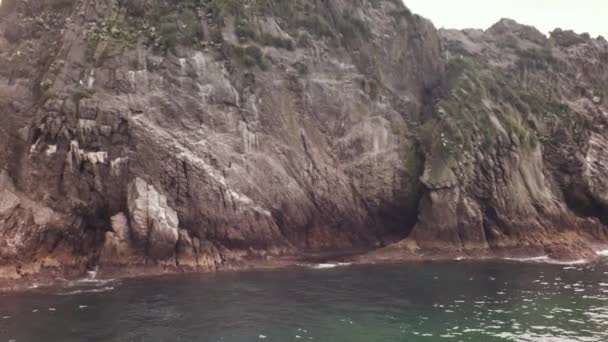 Rocas con colonias de aves acuáticas cerca de la costa sureste de la península de Kamchatka Imágenes de archivo del Océano Pacífico — Vídeo de stock