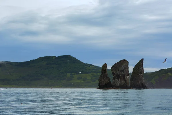 Tre bröder stenar i Avacha fjärden av Stilla havet. Kusten av Kamtjatka. — Stockfoto