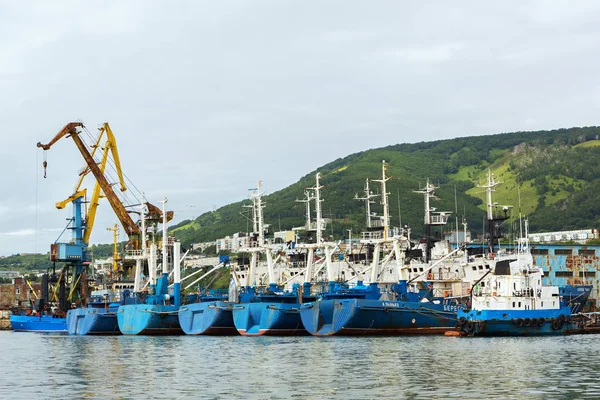 Πλοία περιπολίας συνόρων του Λιμενικού Σώματος και γερανοί λιμανιών κοντά την ακτή της Καμτσάτκα. — Φωτογραφία Αρχείου