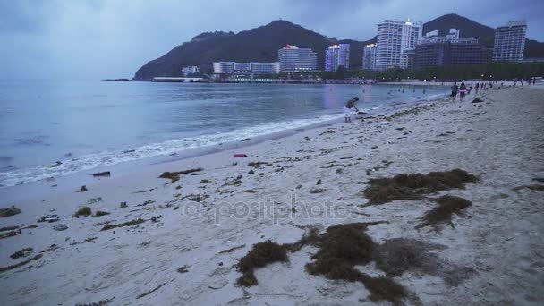 Vuilnis in het zand na het tij avond op de Dadonghai Beach op het toeristische eiland Hainan stock footage video — Stockvideo