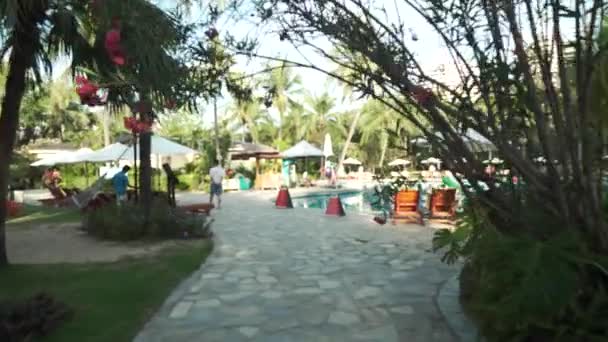 Piscina in un giardino tropicale in loco Resort Intime Sanya 5 sfocato time lapse stock video — Video Stock