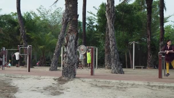 Stedelijke ingezetenen zijn betrokken bij fitness in de sportschool in een openbaar park stock footage video — Stockvideo