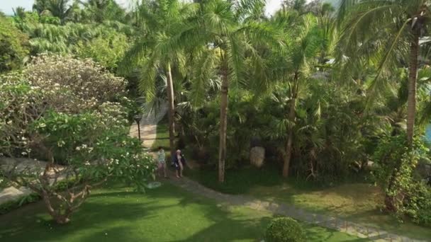 Vacker tropisk trädgård på plats Resort Intime Sanya 5 i Dadonghai bay arkivfilmer video — Stockvideo