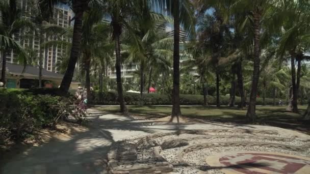 Tourist promenade with palm trees on Dadonghai beach stock footage video — Stock Video